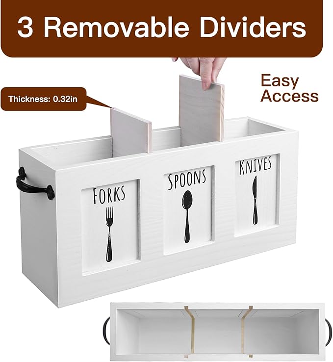 Wood Flatware Organizer, Rustic Utensil & Silverware Holder for Forks, Spoons, Knives, Farmhouse Kitchen Cutlery Caddy Bin Countertop - White