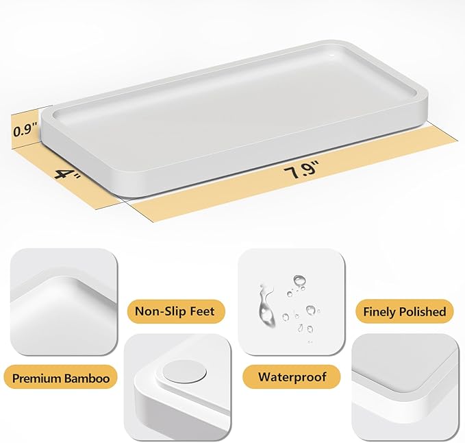 Weenson Small Bathroom Vanity Tray for Countertop Makeup Perfume Jewelry Decor Candle Keys, Bamboo Kitchen Tray for Soap Dispenser Spice, Small White Toilet Tray for Sink7.9 L x 4" W x 0.79" H