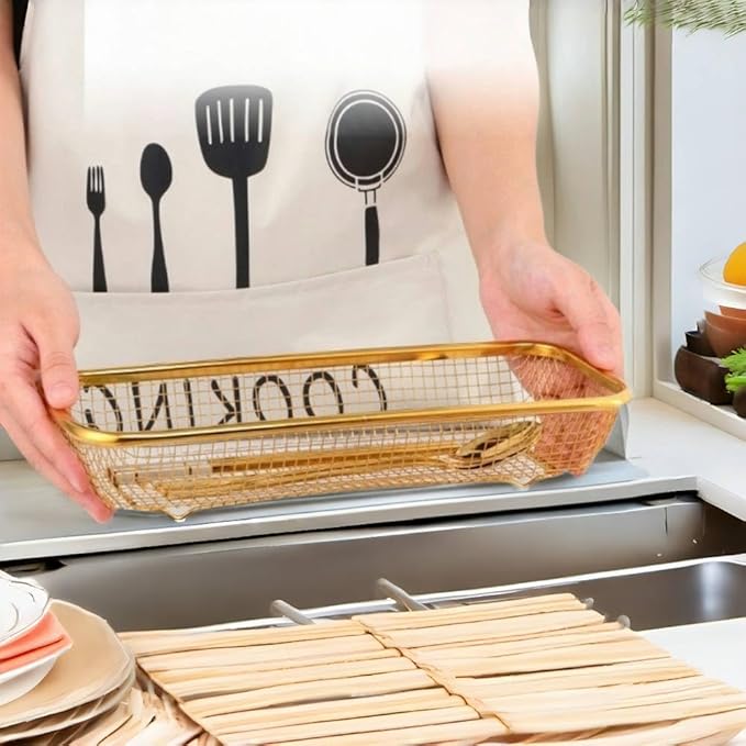 2-Pack Gold Flatware Organizer - Sturdy Mesh Design, Dishwasher-Safe & Easy-Clean Utensil Holder, Silverware Container Drawer Storage