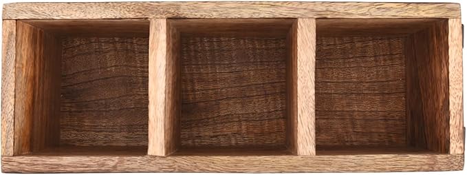 Samhita Mango Wood Cutlery Holder Caddy Organizer Wooden Utensil Storage Organizer Countertop for Silverware Fork Spoon Spatula 3 compartments (11" x 4" x 4.5")