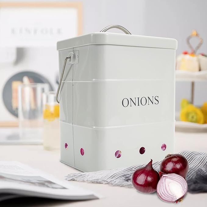 Onion Storage Bin, Metal Storage Tin for Onion, Kitchen Storage Canister with Aerating Tin Storage Holes - Kitchen Pantry Organizer Tin Vegetable Fresh Keeper (White)