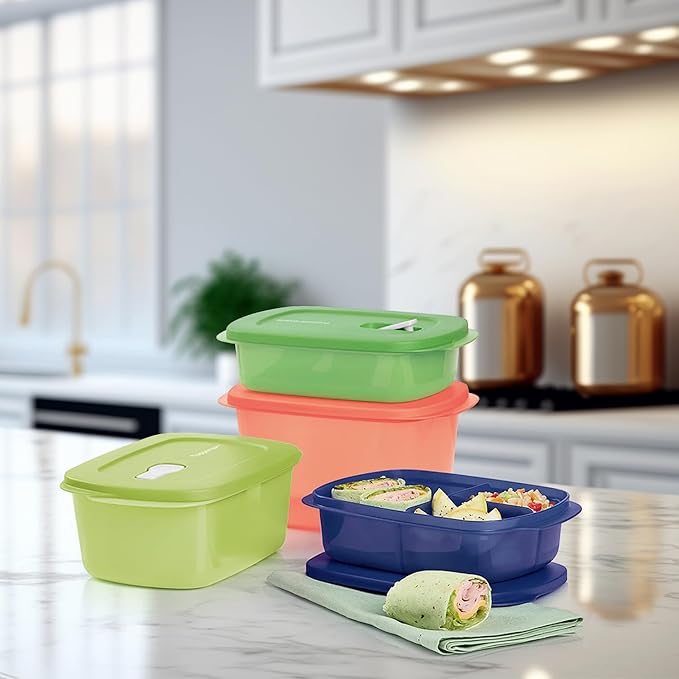 Tupperware CrystalWave 4 Piece Rectangular Food Storage Container Set in Multi Colors, Dishwasher Safe and BPA Free (4 Containers, 4 Lids)
