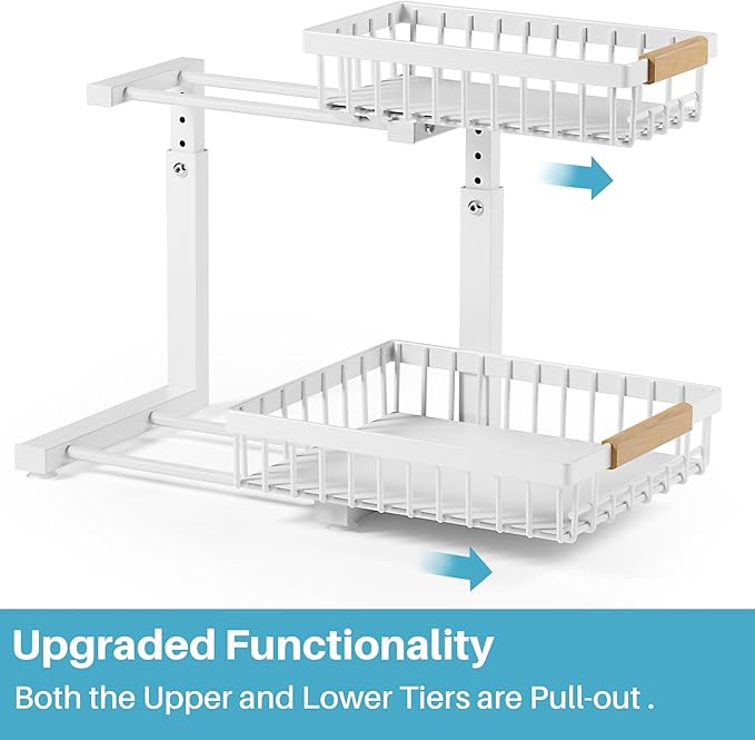 2 Packs Under Sink Organizer,Small Shelf for narrow spaces,2 Tiers Pull Out Under Cabinet Organizer,Adjustable Height,Slide Out Thickened Metal Under