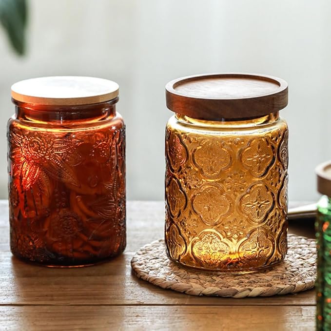 ANSQU Set of 2 Vintage Glass Kitchen Storage Counter Jar, 23.7 FL OZ Candy Jars with Lids, Coffee Container for Ground Coffee, Mason Jar Hold Tea, Sugar, Bath Salts & More (Brown, 2 Pack)