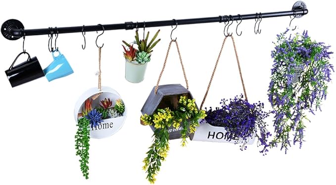 WuGeShop 50.4 inch Hanging Pot Rack Wall Mounted Pot Pans Hanging Rail, Industrial Long Pot Pan Bar With 15 S Hooks, Black Pot Hangers Kitchen Pot and Pan Hanging Rack