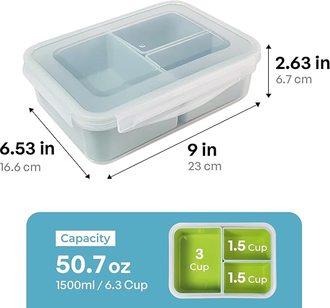 carrotez Food Storage Container with 3 Removable Compartments, Food Prep Container with Airtight Lids, Portion Control Container, Reusable, BPA Free, 6.3 Cup (1500ml)