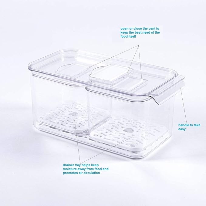 Slideep Fridge Produce Saver Food Storage Bin Containers, Stackable Refrigerator Freezer Organizer Bins with Removable Drain Tray, Fridge Fresh Keeper for Veggie, Berry, Fruits, Vegetables 6 Pack