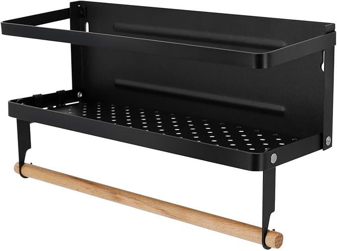 Jolitac Magnetic Fridge Spice Rack- Space Saving Organizer Black Shelf on Refrigerator, Kitchen Paper Towel Holder, Foldable Design (Black-Small)