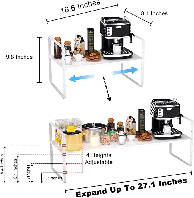 Expandable Kitchen Cabinet Shelf Organizers 2 Pack, Stackable Metal Pantry Storage Shelves Rack, Adjustable Counter Shelf for Cabinets, Countertop, Cupboard Organizers and Storage, White