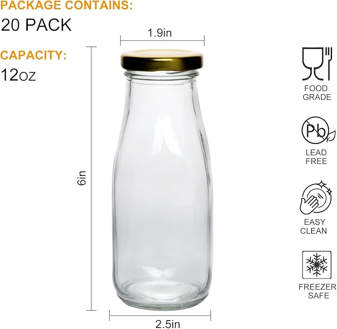 QAPPDA 12 oz Glass Bottles, Clear Glass Milk Bottles with Gold Metal Lids, Vintage Breakfast Shake Clear Container, Vintage Drinking Bottle with Whiteboard Labels and Pen for Party,Kids,Set of 20