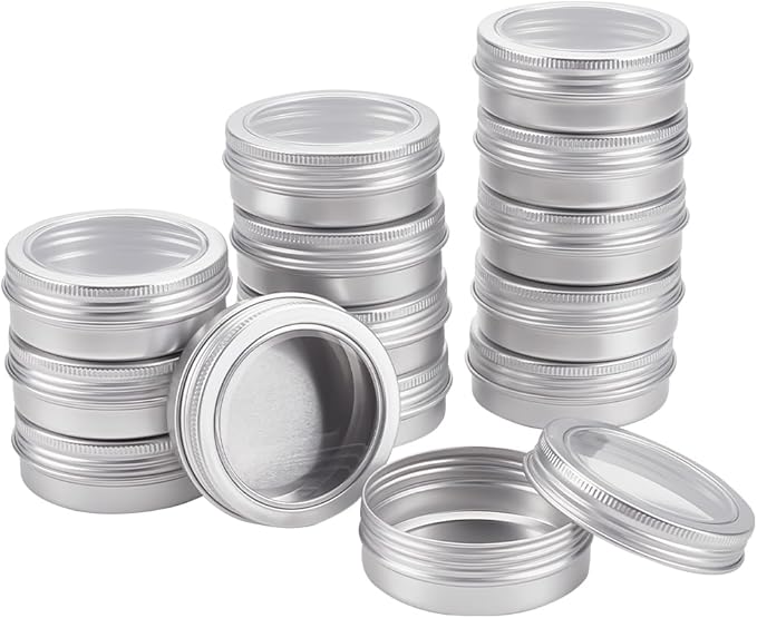 BENECREAT 14 Pack 2 OZ Tin Cans Screw Top Round Aluminum Cans Screw Lid Containers with Clear Window - Great for Store Spices, Candies, Tea or Gift Giving (Platinum)