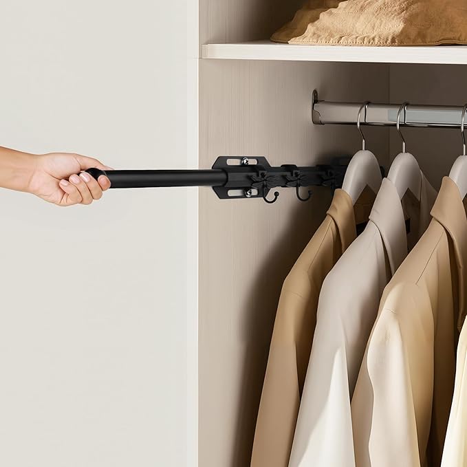 12" Valet Rod for Closet Pull Out with 4 Dragonfly-shaped Hooks, Black