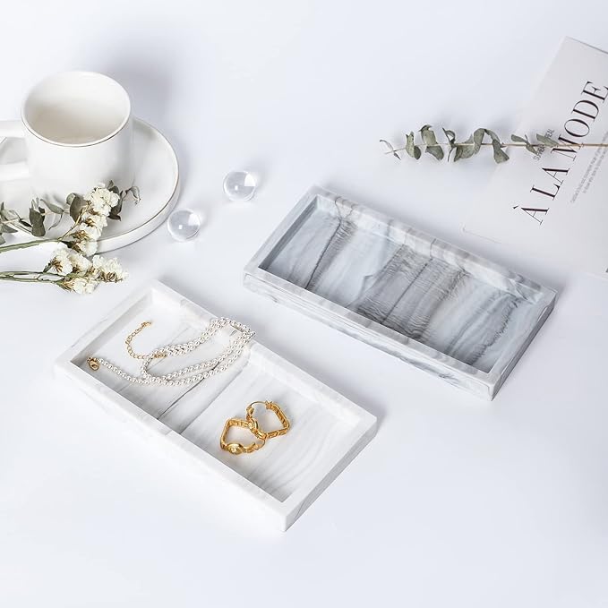 Small Bathroom Vanity Silicone Tray for Counter, Rectangle Dish Soap and Sponge Holder for Kitchen Sink, Perfume Organizer for Dresser, Marble Grey