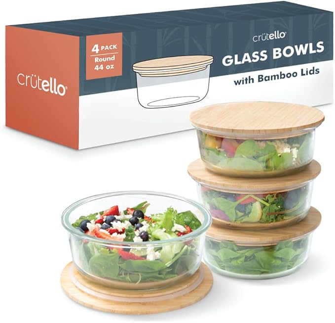 Crutello Glass Storage Containers with Bamboo Lids - Eco-Friendly Non Toxic Meal Prep Jars with Wooden Lid for Fridge and Kitchen Organization - Non Plastic Container for Fruit Bowls - 44 oz - 4 Pack
