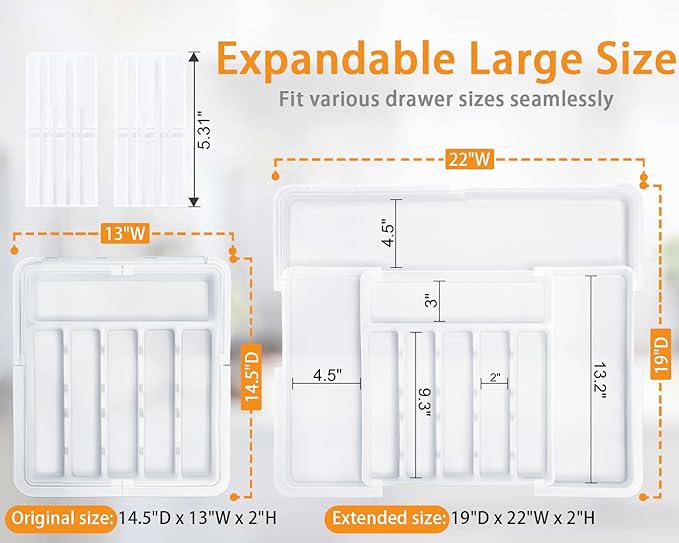Homecor Silverware Organizer for Kitchen Drawer, Expandable Utensil Drawer Organizer with 2 Knife Block, Flatware and Cutlery Holder, Adjustable Plastic Storage for Spoons Forks Knives