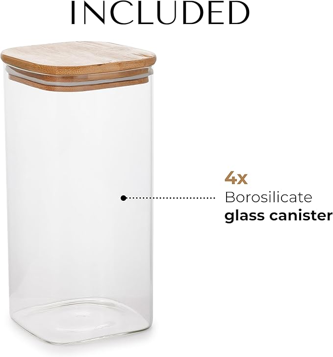 44oz Square Borosilicate Glass Canister With Bamboo Lid, Airtight Pantry Storage Jar Containers Ideal for Rice, Candy, Sugar, Flour, Nuts, Cookies and Coffee Beans (4 Pack)