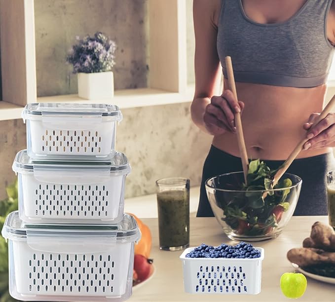 Fruit Vegetable Storage Containers for Fridge,3 PCS Produce Saver Containers for Refrigerator Organizer Bins,Plutuus BPA free Plastic Produce Keepers with Lid & Colander for Salad Berry Lettuce