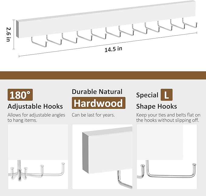 ZEDODIER 2 Pack Wodden Tie Hanger Wall Mounted, Space Saving Belt Organizer for Man with 24 180° Rotating Hooks, Space Saving Belt Storage Holder, White