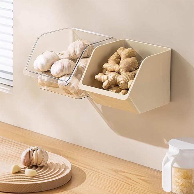 6-Pack Small Beige Storage Baskets, Plastic Storage Bins Kitchen Wall Organizer and Storage Shelves, Spice Organizer, Adhesive Spice Rack Wall Mount for Countertop/Cabinet/Bathroom