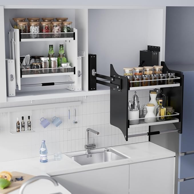 Pull Down Shelf for Kitchen Upper Cabinet, Heavy Duty Cabinet Organizer Large Storage Space, 26-28 Inch Width, Black