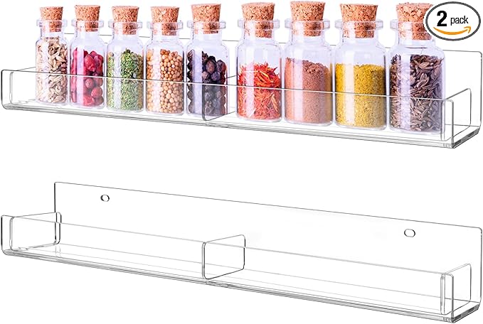 QWORK Clear Acrylic Spice Rack Organizer for Wall - 2-Pack Acrylic Spice Shelf, Spice Shelf Organization,for Kitchen