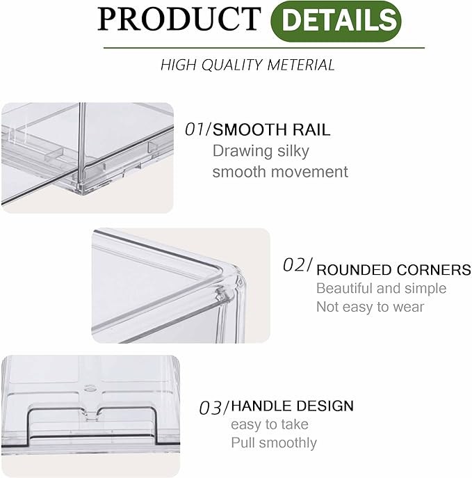 2 Pack Stackable Clear Storage Drawer,Refrigerator Organizers and Storage Drawer Pull Out Drawer for Fridge Kitchen Bathroom Cabinet Closet Office Clear