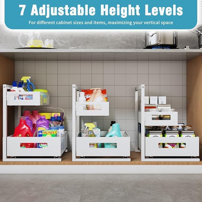 Under Sink Organizer Adjustable Height 2 Tier Bathroom Organizer Pull Out Cabinet Organer kitchen organizers and storage fridge organizers and storage,White,XL-1 Pack