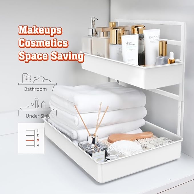 EVERIE Pull Out Slide Shelf Organizer for Under Sink Organization in Kitchen, Bathroom, Counter, Cabinets (White, 2 Sets)