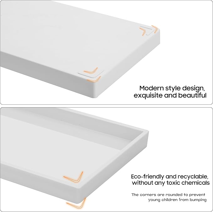 Vanity and Bathroom Tray, 15" ABS Countertop Organizer,Waterproof Vanity Tray for Toilet Tank,Perfume,Soap,Keys,Bathroom Accessories,Kitchen and Bath Trays,Non Slip Small Trays,White,2 Pack