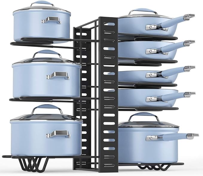 Adjustable Pots and Pans Organizer Rack for Cabinet, Metal Pans Pots Lids Storage Holder Rack with 3 DIY Methods for Kitchen, Counter,Black