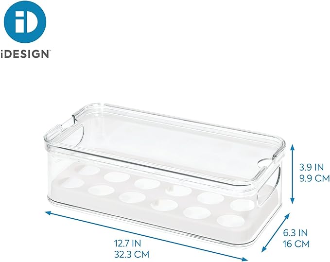 iDesign Crisp Plastic Refrigerator and Pantry Egg Bin, Modular Stacking Food Storage Box for Freezer, Fridge, Holds up to 18 Eggs, BPA Free, 12.72" x 6.32" x 3.88", Clear and White