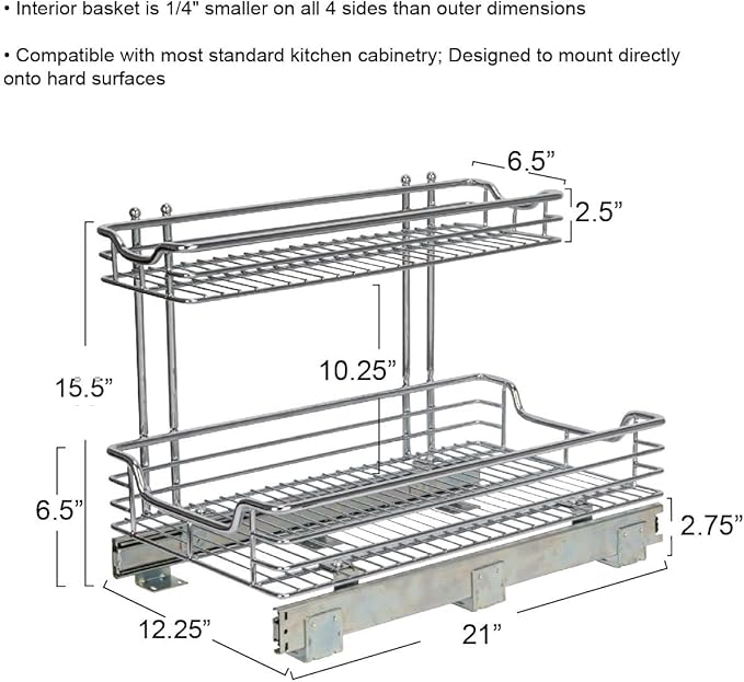 Household Essentials Glidez Multipurpose Chrome-Plated Steel Pull-Out/Slide-Out Storage Organizer for Under Sink or Under Cabinet Use - 2-Tier Design - Fits Standard Size Cabinet or Shelf, Chrome