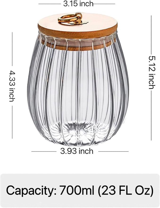 Strip Pattern Clear Glass Candy Jar with Bamboo Lid,Food Storage Jar,Glass Jar with Lid,Coffee Sugar Canister Airtight Storage Container (Oval)