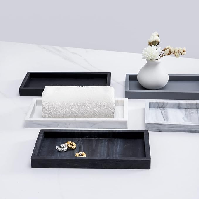 Small Bathroom Vanity Silicone Tray for Counter, Rectangle Dish Soap and Sponge Holder for Kitchen Sink, Perfume Organizer for Dresser, Marble Black