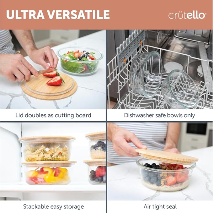 Crutello Glass Storage Containers with Bamboo Lids - Eco-Friendly Non Toxic Meal Prep Jars with Wooden Lid for Fridge and Kitchen Organization - Non Plastic Container for Fruit Bowls - 32 oz - 4 Pack