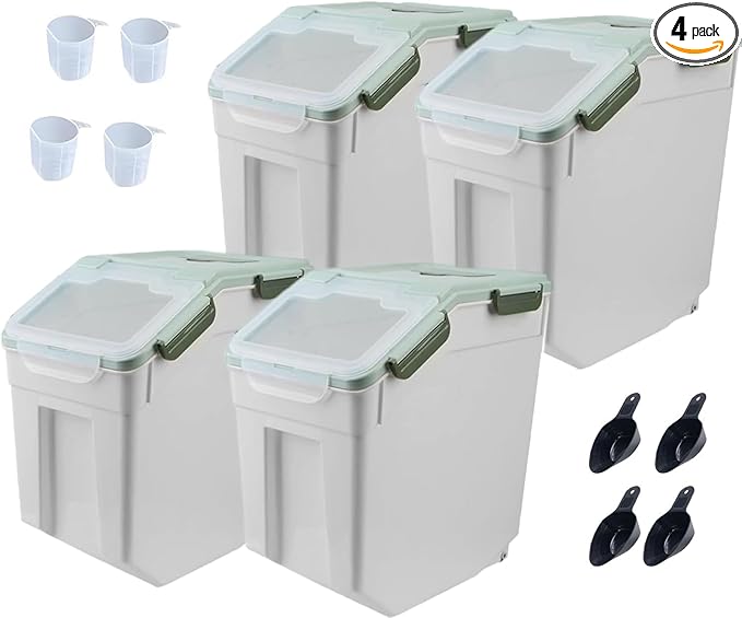 YXQ 25LB Large Flour Storage Container Bin,Green Airtight Plastic with Wheels Seal Locking Lid Dispenser Organizer Storage Bin with Measuring Cup & Scoop for Flour, Rice, Grain,Set of 4