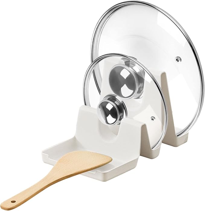 Poeland Pot Lid Holder Organizer, Plastic Wavy-Shape 2 Layers Pot Lid Stand Multifunction Kitchen Countertop Storage Rack for Pot Lids, Spoons, Cutting Board