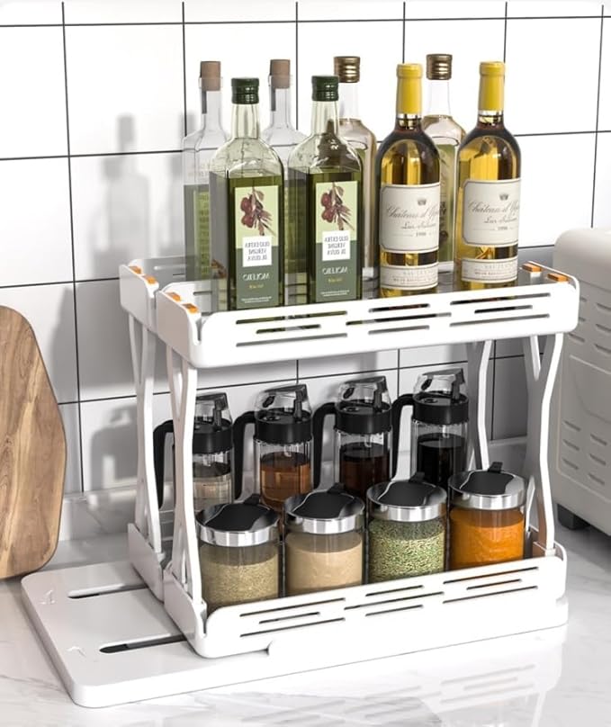 Set of 2 Sliding Spice Rack Organizers - Pull & Rotate Seasoning Storage for Cabinets, Slide-Out 2-Tier Kitchen Shelves with Non-Slip Base (11.8"" D x 6.5"" W x 8.5"" H), General, White