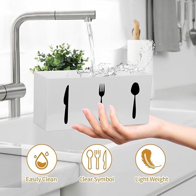 Plastic Utensil Holder, Knife Fork and Spoon Holder Silverware Caddy, Acrylic Kitchen Cutlery Storage Box, Flatware Organizer for Countertop, Indoor Outdoor Party Tableware Holder (White)