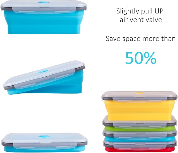 Collapsible Food Storage Containers with Airtight Lid, 40.5 oz, Large Kitchen Stacking Silicone Collapsible Meal Prep Container Set for Leftover, Microwave Freezer Dishwasher Safe, 4 Colors, Set of 4