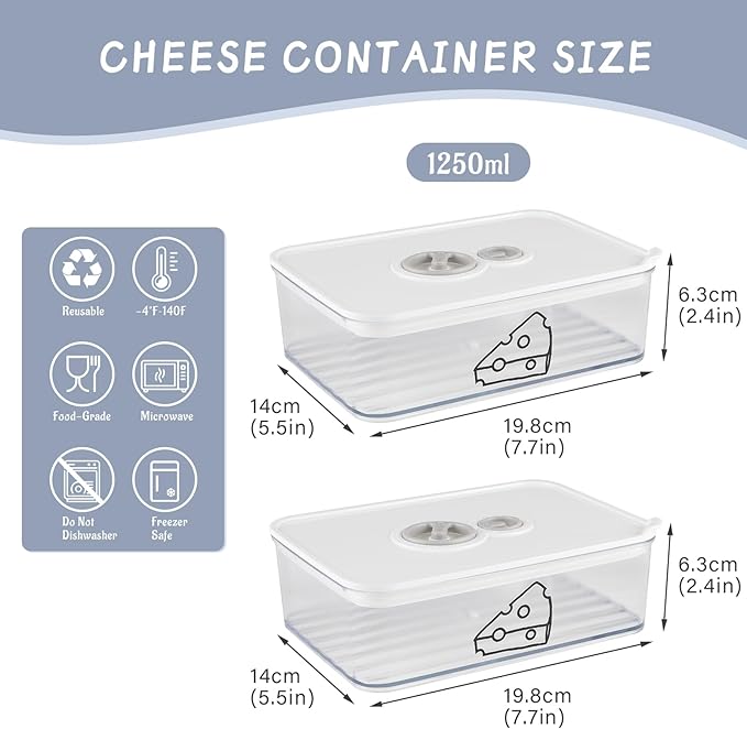 2 Pcs Cheese Container for Refrigerator,Cream Cheeses Storage Box,Cheese Keeper with Airtight Lid and Time Recording,BPA-Free Kitchen Storage Organizer Sliced,Grated,Cheddar Cheeses Saver