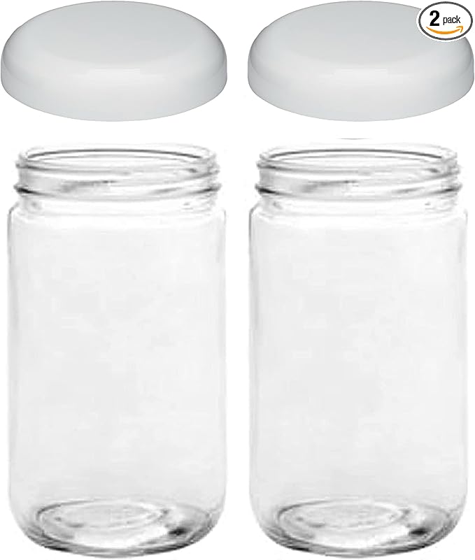 Jarming Collections Mason Jars - 32 Oz Extra Wide Mouth Glass Jars with Lids - Quart Containers - Made in USA (2 White Dome Plastic Lids)