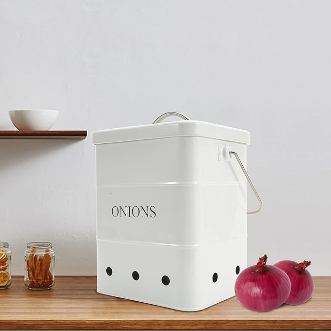 Onion Storage Bin, Metal Storage Tin for Onion, Kitchen Storage Canister with Aerating Tin Storage Holes - Kitchen Pantry Organizer Tin Vegetable Fresh Keeper (White)