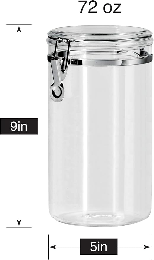 OGGI Large Clear Canister with Clamp Lid, 72 oz - Large Airtight Food Storage Container, for Kitchen & Pantry Storage of Bulk, Dry Foods, Pasta, Flour, Sugar, Coffee, Rice, Tea, Spices & Herbs