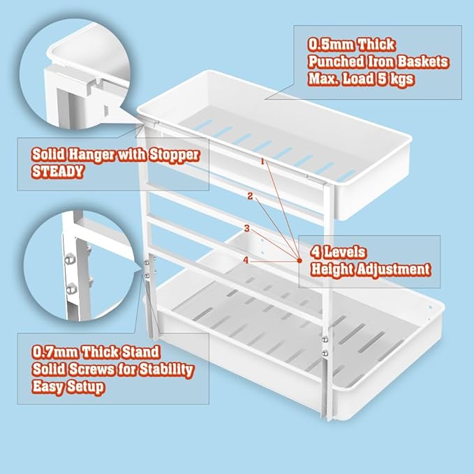 EVERIE Height Adjustable 2 Tier Metal Pull Out Slide Shelf Organizer for Under Sink Cabinets in Kitchen, Bathroom, with Snap-on Top Tray, 16" Deep (White, 2 Sets)