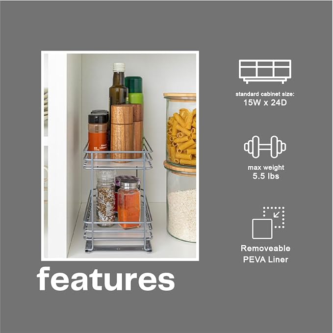 Household Essentials Glidez Paint-Finished Steel Pull-Out/Slide-Out Storage Organizer with Plastic Liner for Spice Rack Use - 2 -Tier Design - Fits Standard Size Cabinet or Shelf, Brushed Silver