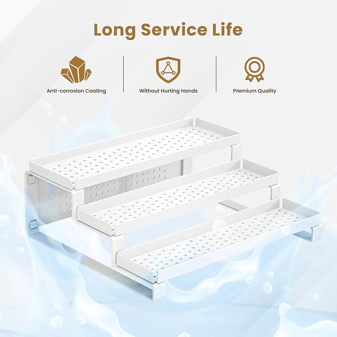3-Tiered Shelf Organizer, Sturdy Countertop Spice Rack for Cabinet, Metal Rustproof Spice Storage Holder, Step Spice Shelf Kitchen Cupboard Pantry Seasoning Rack,White