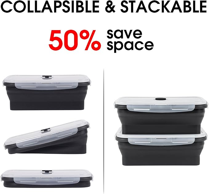 Collapsible Food Storage Containers with Lids, 8 Pack, 40 oz Silicone 1-Compartment Meal Prep Containers Reusable, Lunch Bento Boxes for Adults, Microwave Freezer Dishwasher Safe, BPA-Free, Black