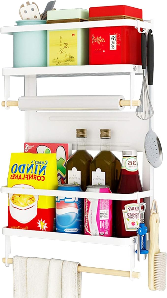 EASTTOWEST Magnetic Spice Rack,4 Tier Kitchen Magnetic Shelf for Refrigerator with 2 Paper Towel Holders and 5 Removable Hooks,Matte White