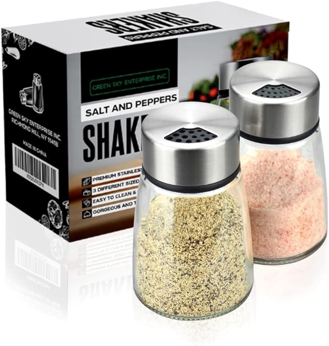 Elegant Salt and Pepper Shakers with Adjustable Pour Holes - Set of 2 - Premium Stainless Steel and Glass - Perfect Spice Dispenser Set for Your Delicious Meals